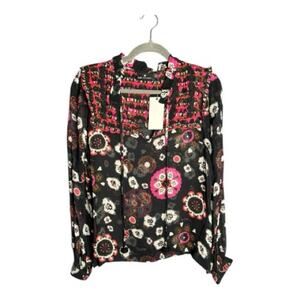 Emily Lovelock Black Pink Sheer Tassel Blouse Small